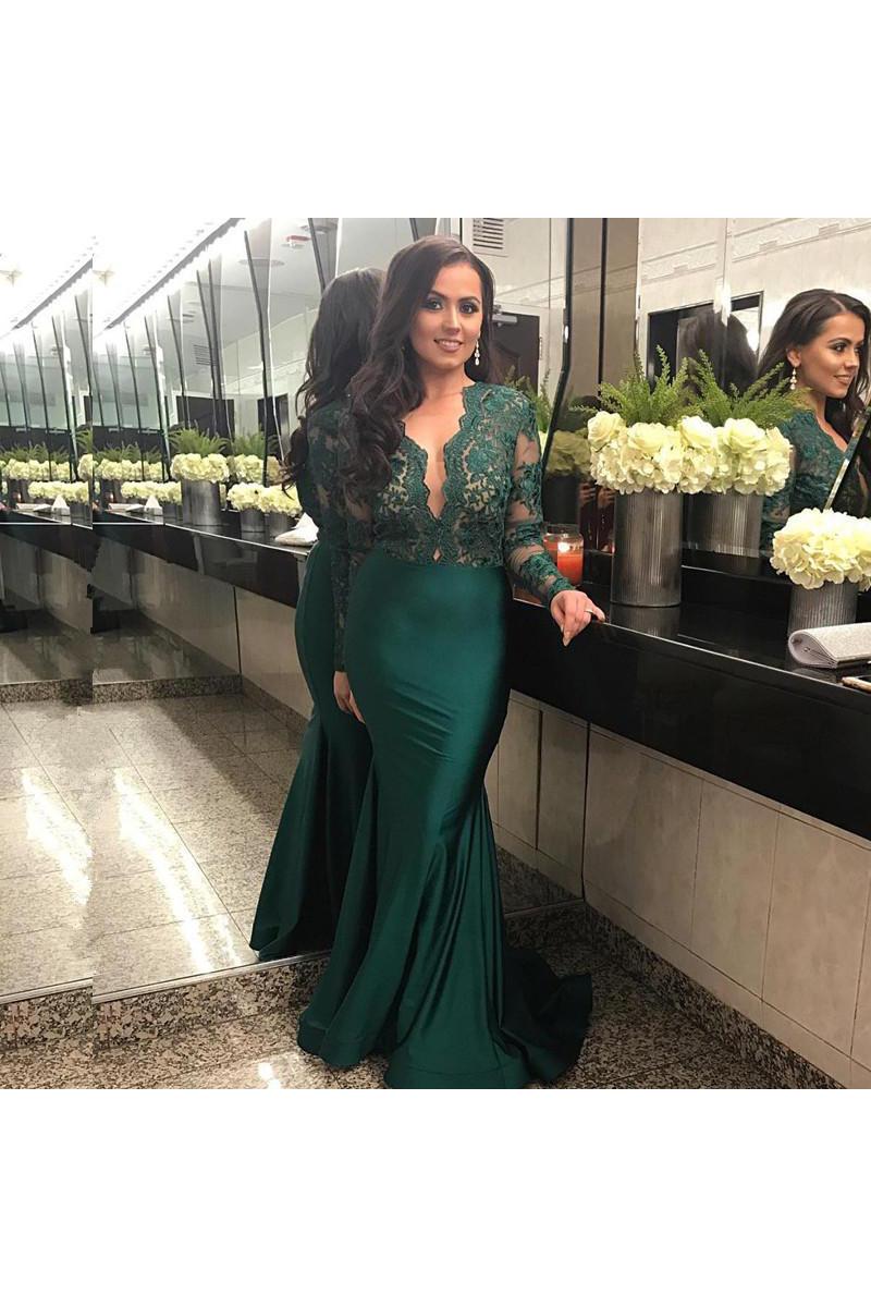 Chic Long Sleevess Lace Formal DressesMermaid Green Women's Party Dres Dbrbridal Chic Long Sleevess Lace Formal DressesMermaid Green Women's Party Dres Dbrbridal