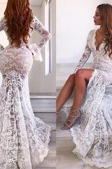 Chic Long Sleevess V-Neck Party Dresses Lace Evening Party Dress With Slit-Dbrbridal