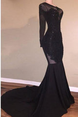 Chic Mermaid Black Long Sleeves Backless Appliques Formal Dresses-Dbrbridal