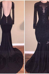 Chic Mermaid Black Long Sleeves Backless Appliques Formal Dresses-Dbrbridal