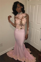Chic Mermaid Pink High-Neck Prom Dresses Long Sleeves Appliques Evening Gowns with Beadings-Dbrbridal