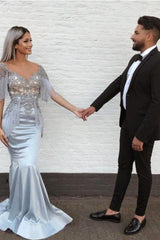 Chic Mermaid Sky Blue Evening Gowns V-Neck Prom Dresses with Tassels-Dbrbridal