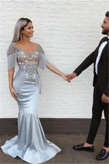 Chic Mermaid Sky Blue Evening Gowns V-Neck Prom Dresses with Tassels-Dbrbridal