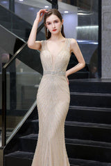 Chic Mermaid V-Neck Silver Party Dress Mermaid Formal Dresses-Dbrbridal