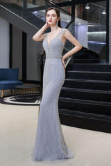 Chic Mermaid V-Neck Silver Party Dress Mermaid Formal Dresses-Dbrbridal