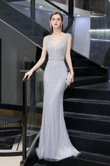 Chic Mermaid V-Neck Silver Party Dress Mermaid Formal Dresses-Dbrbridal