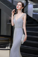 Chic Mermaid V-Neck Silver Party Dress Mermaid Formal Dresses-Dbrbridal