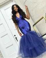 Chic Navy Blue Mermaid Sequins Prom Dresses Tulle Sleeveless V-Neck Evening Dresses-Dbrbridal