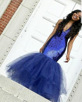 Chic Navy Blue Mermaid Sequins Prom Dresses Tulle Sleeveless V-Neck Evening Dresses-Dbrbridal