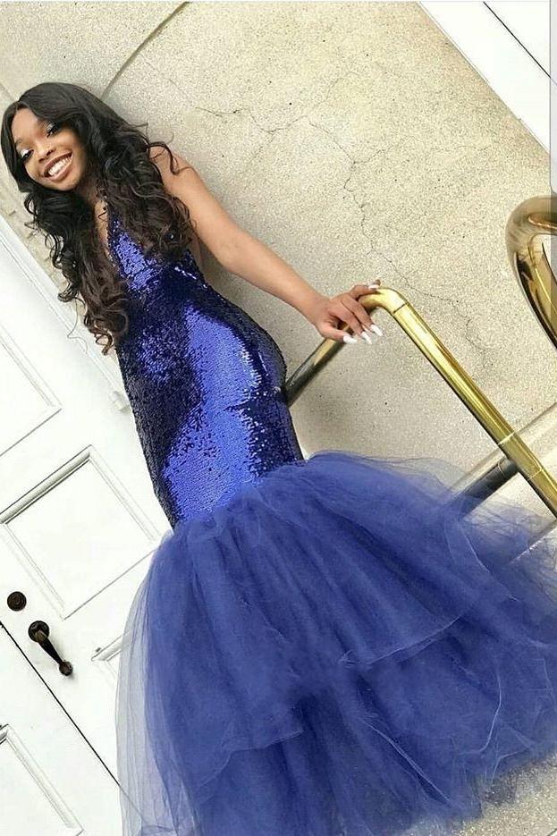 Chic Navy Blue Mermaid Sequins Prom Dresses Tulle Sleeveless V-Neck Ev Dbrbridal Chic Navy Blue Mermaid Sequins Prom Dresses Tulle Sleeveless V-Neck Ev Dbrbridal