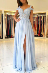 Chic Off-the-shoulder Low Back Prom dresses with Chic High Split Ligh Sky blue Evening Gowns with Lace appliques-Dbrbridal