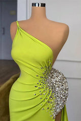 Chic One Shoulder Mermaid Long Evening Dress With Beadings Split-Dbrbridal