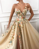 Chic One Shoulder Strap Tulle Sweetheart Front Slit Appliques Flowers Formal Dresses-Dbrbridal