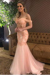 Chic Pink Off-The-Shoulder Applique Tulle Mermaid Formal Dresses-Dbrbridal
