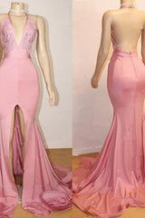 Chic Pink Party Dresses Backless Lace Evening Gown With Slit-Dbrbridal