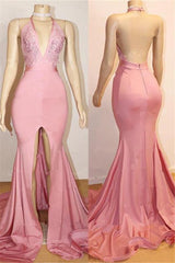 Chic Pink Party Dresses Backless Lace Evening Gown With Slit-Dbrbridal