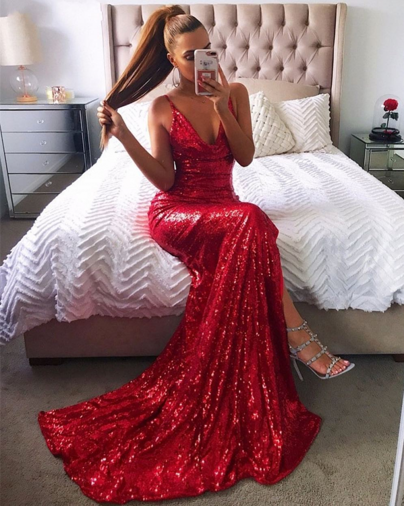Chic Red Sequin Prom Dresses Halter Neck Backless High Slit Party Dres Dbrbridal Chic Red Sequin Prom Dresses Halter Neck Backless High Slit Party Dres Dbrbridal