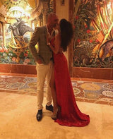 Chic Red Sequin Prom Dresses Halter Neck Backless High Slit Party Dresses-Dbrbridal