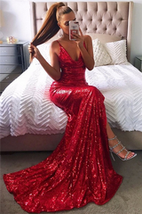Chic Red Sequin Prom Dresses Halter Neck Backless High Slit Party Dresses-Dbrbridal