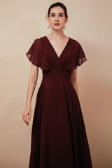 Chic Rust Cool-shoulder V-Neck Chiffon Evening Party Gowns-Dbrbridal