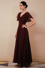 Chic Rust Cool-shoulder V-Neck Chiffon Evening Party Gowns-Dbrbridal