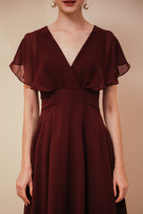 Chic Rust Cool-shoulder V-Neck Chiffon Evening Party Gowns-Dbrbridal