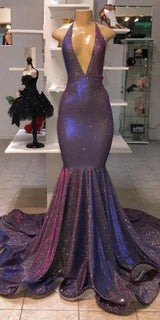 Chic Sexy Deep Sleeveless V-Neck Prom Dresses New Arrival Halter Memaiad Sequins Evening Gowns-Dbrbridal