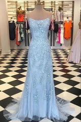 Chic Sky Blue Spaghetti-Straps Lace Applique Simple Long Prom Dresses-Dbrbridal