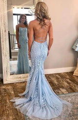 Chic Sky Blue Spaghetti-Straps Lace Applique Simple Long Prom Dresses-Dbrbridal