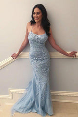 Chic Sky Blue Spaghetti-Straps Lace Applique Simple Long Prom Dresses-Dbrbridal