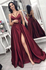 Chic Sleeveless Front Split Prom Gown Burgundy Evening Gowns Spaghetti-Straps A-Line Evening Party Gowns-Dbrbridal
