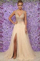 Chic Sleeveless V-Neck Long Evening Dresses Tulle Crystals Split Formal Dresses-Dbrbridal