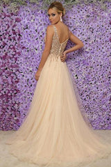 Chic Sleeveless V-Neck Long Evening Dresses Tulle Crystals Split Formal Dresses-Dbrbridal