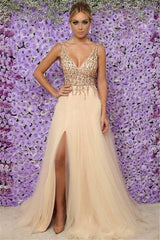 Chic Sleeveless V-Neck Long Evening Dresses Tulle Crystals Split Formal Dresses-Dbrbridal