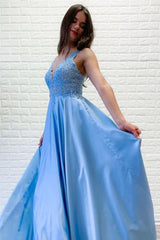 Chic Straps Lace Beading Party Dresses Chic Sexy Deep V-Neck Long Prom Gown-Dbrbridal