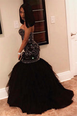 Chic Sweetheart Beads Prom Dresses Mermaid Black Sequins Evening Gown-Dbrbridal