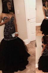 Chic Sweetheart Beads Prom Dresses Mermaid Black Sequins Evening Gown-Dbrbridal