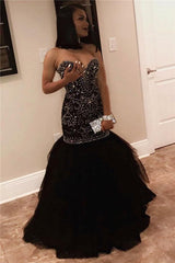 Chic Sweetheart Beads Prom Dresses Mermaid Black Sequins Evening Gown-Dbrbridal