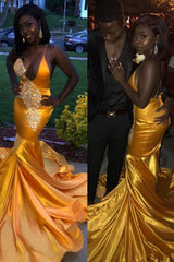 Chic V-Neck Appliques Spaghetti-Strapss Mermaid Lace Prom Dresses-Dbrbridal