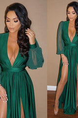 Chic V-Neck Long Sleevess Formal DressesGreen Split Long Evening Gowns-Dbrbridal