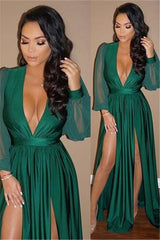Chic V-Neck Long Sleevess Formal DressesGreen Split Long Evening Gowns-Dbrbridal