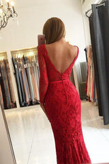Chic V-Neck Open Back Scarlet Lace Evening Dresses Chic Long Sleevess Fit and Flare Prom Dresses-Dbrbridal