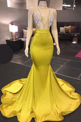 Chic Yellow Sleeveless Crystals Sheer Tulle Prom Dresses New Arrival Mermaid Formal Evening Gowns-Dbrbridal