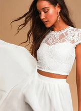 Chiffon Lace Chic A-line Floor-Length Ivory Bridal Dress Two-piece Wedding Dresses-Dbrbridal