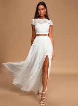 Chiffon Lace Chic A-line Floor-Length Ivory Bridal Dress Two-piece Wedding Dresses-Dbrbridal