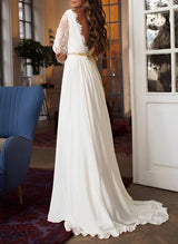 Chiffon Lace Wedding Dress Long Sleeves Sweep Train-Dbrbridal