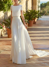 Chiffon Wedding Dress Chic A-line Silhouette Scoop Neck Short Sleeves Court Train-Dbrbridal