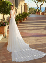 Chiffon Wedding Dress Chic A-line Silhouette Scoop Neck Short Sleeves Court Train-Dbrbridal