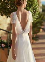 Chiffon Wedding Dress Chic A-line Silhouette Scoop Neck Short Sleeves Court Train-Dbrbridal