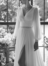 Chiffon Wedding Dresses Chic A-line V-Neck Long Sleeves Court Train-Dbrbridal